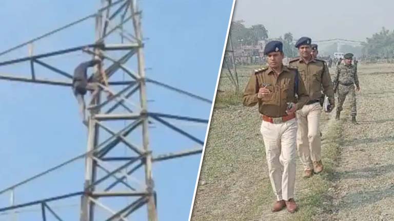 mental youth climb on a high tension electric tower for a mobile