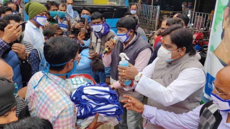 Priyangu Pandey Distributing Mask Sanitizer in North 24 Parganas